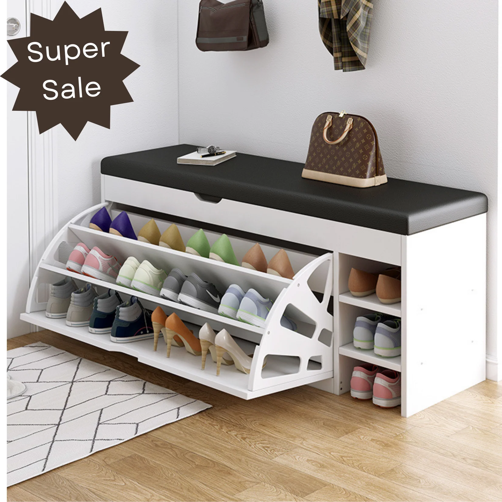 Shoe Rack Storage with PU Seat Bench 34cm - Image 4